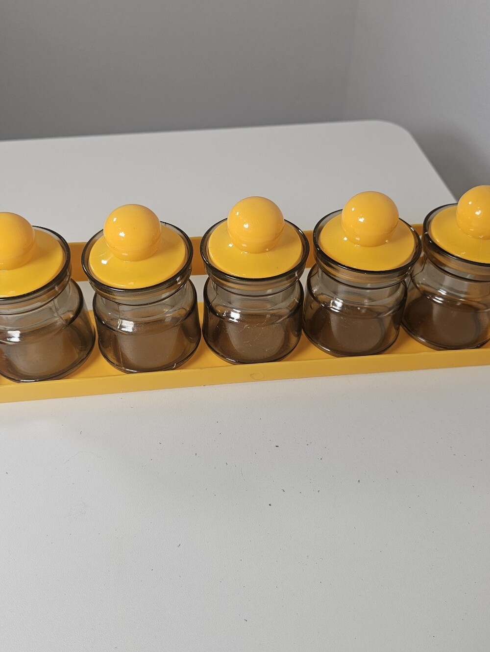 Vintage 1980s Yellow Plastic Spice Rack with Bottles - Hong Kong Made
